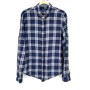 Zara Man Blue Plaid Cotton Casual Button Down Shirt Medium Relaxed Fit